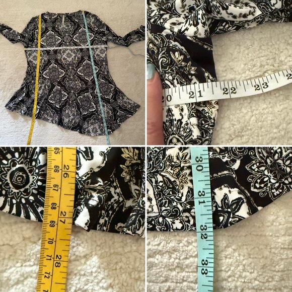 Roz and Ali Black Gold White High Low Peplum Blouse Size XL Floral Geometric - Picture 6 of 8